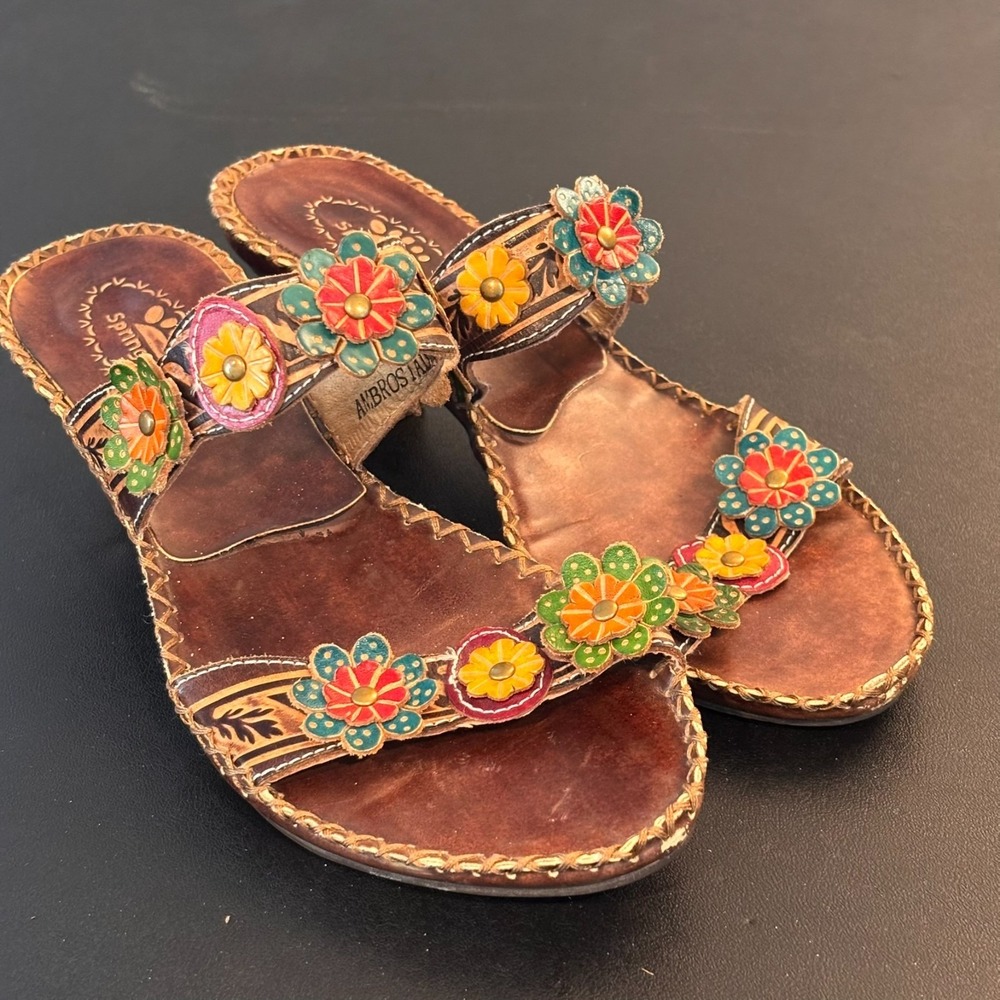 Spring Step Ambrosia Floral Upper Leather Slip On Kitten Heal Sandals 39/8.5